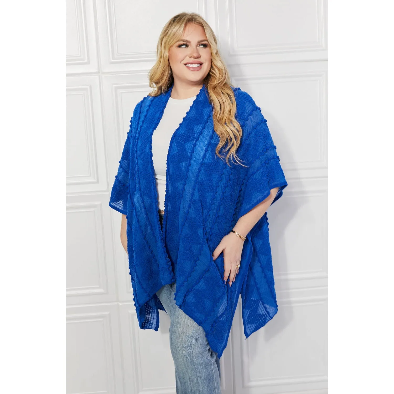 Justin Taylor Pom-Pom Asymmetrical Poncho Cardigan in Blue