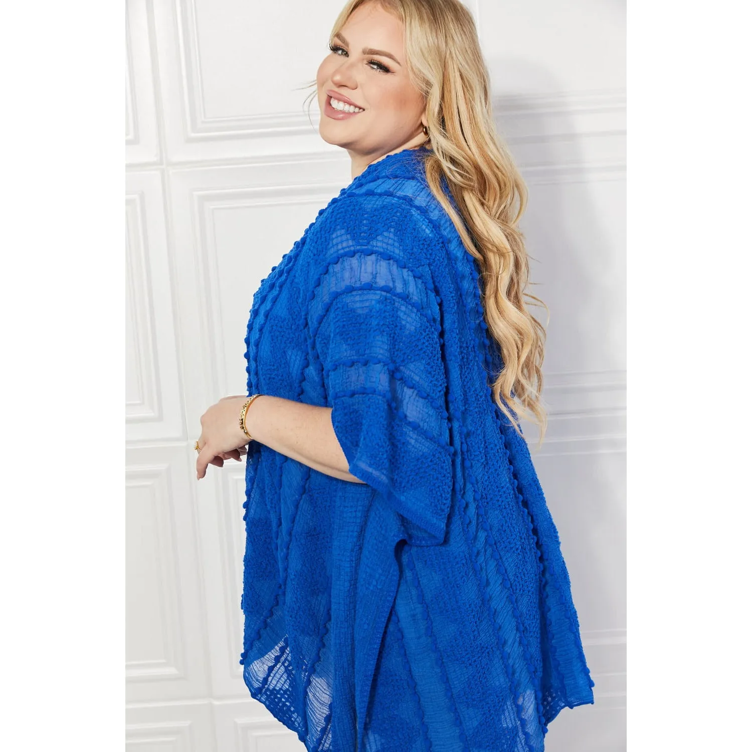 Justin Taylor Pom-Pom Asymmetrical Poncho Cardigan in Blue