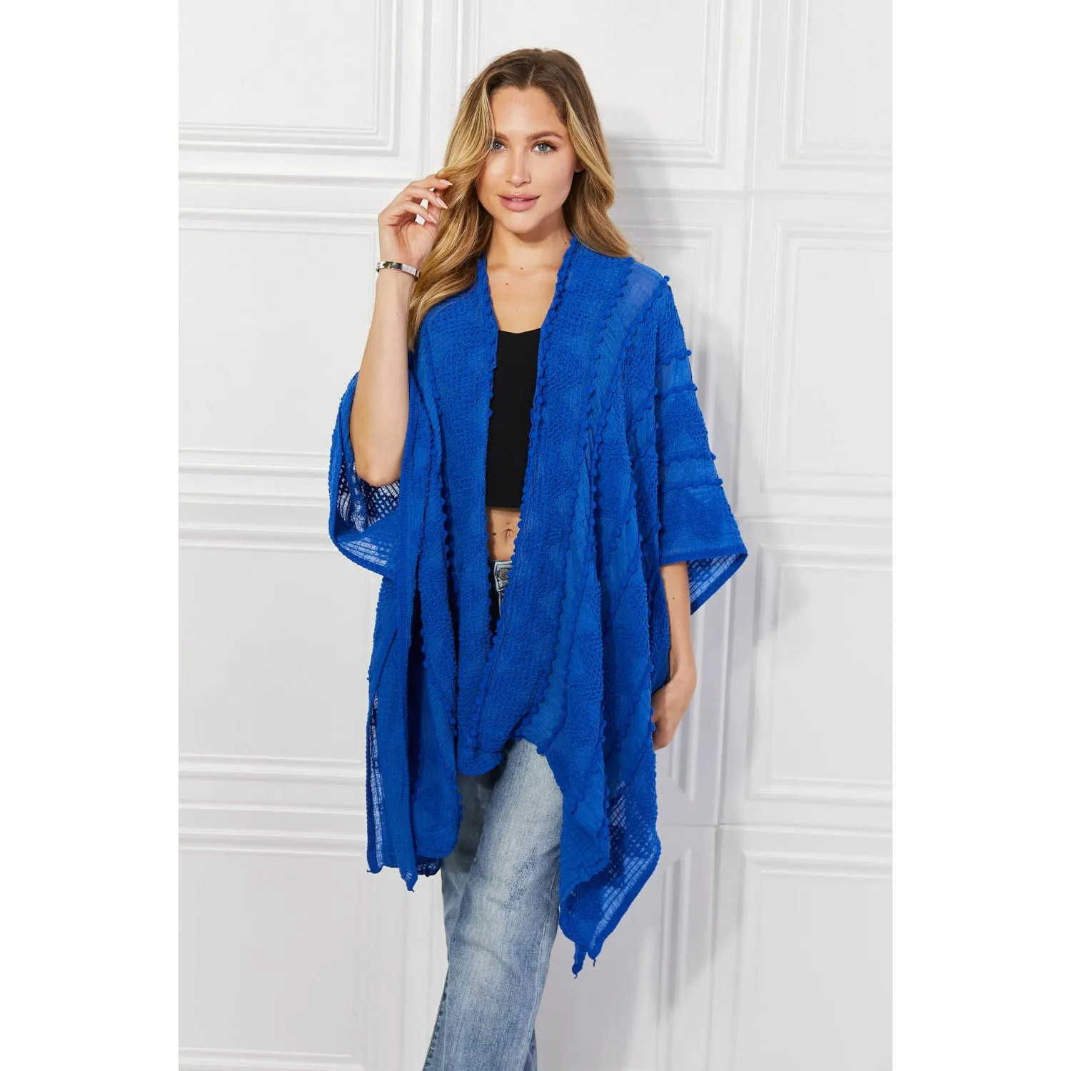 Justin Taylor Pom-Pom Asymmetrical Poncho Cardigan in Blue