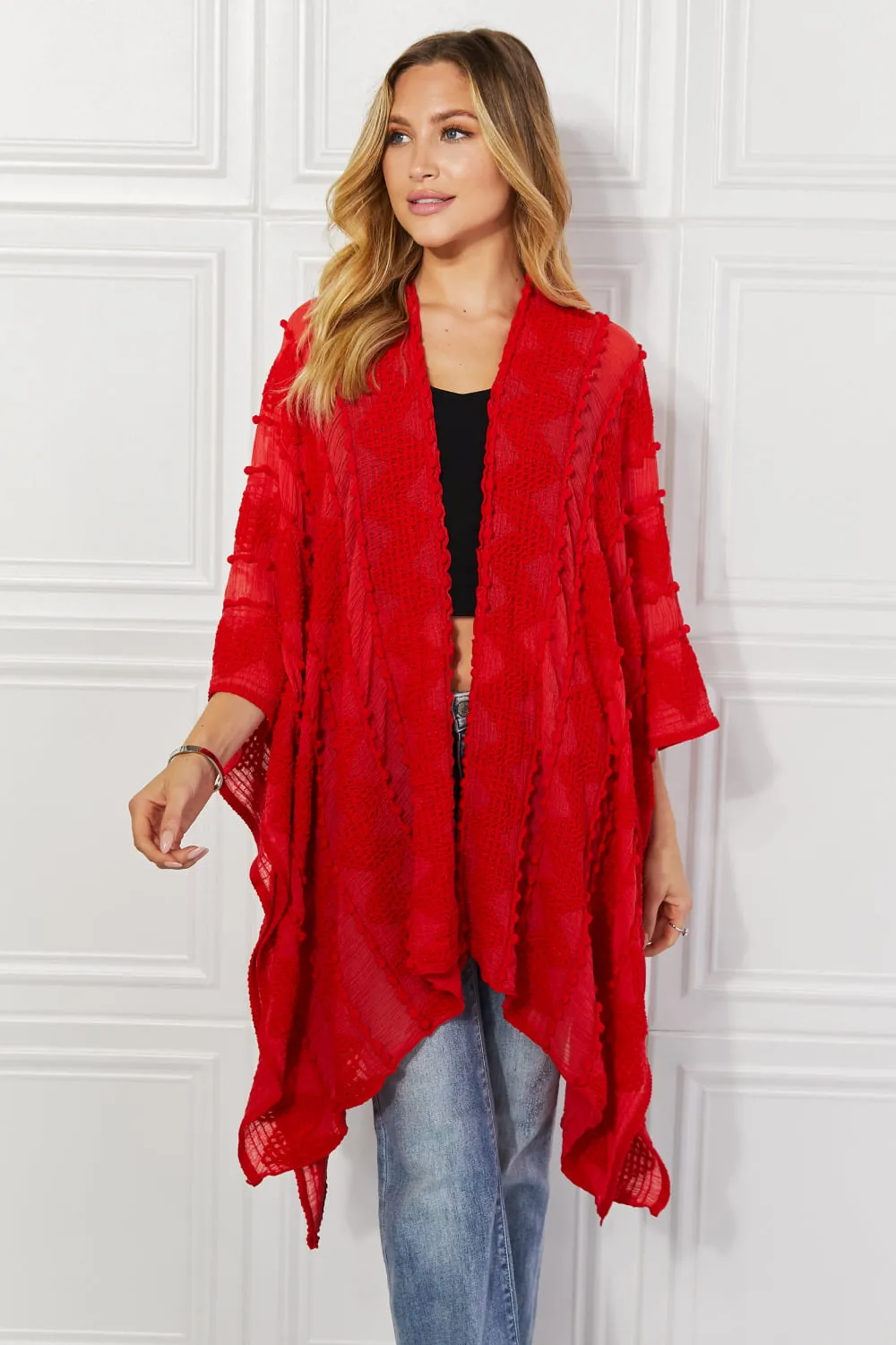 Justin Taylor Pom-Pom Asymmetrical Poncho Cardigan in Red