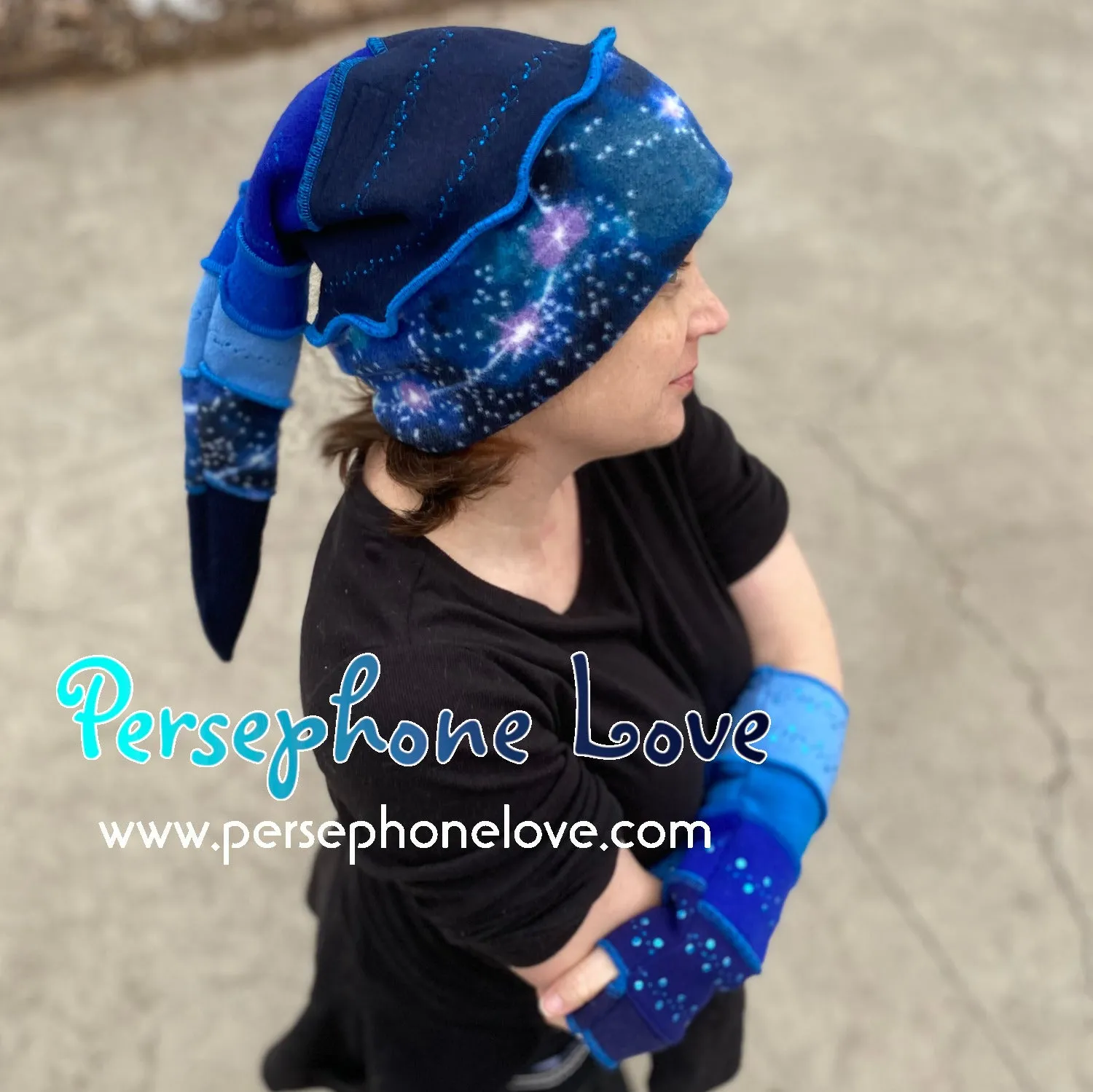 Katwise inspired blue gradient felted embroidered galaxy recycled sweater elf hat - larger size -1388