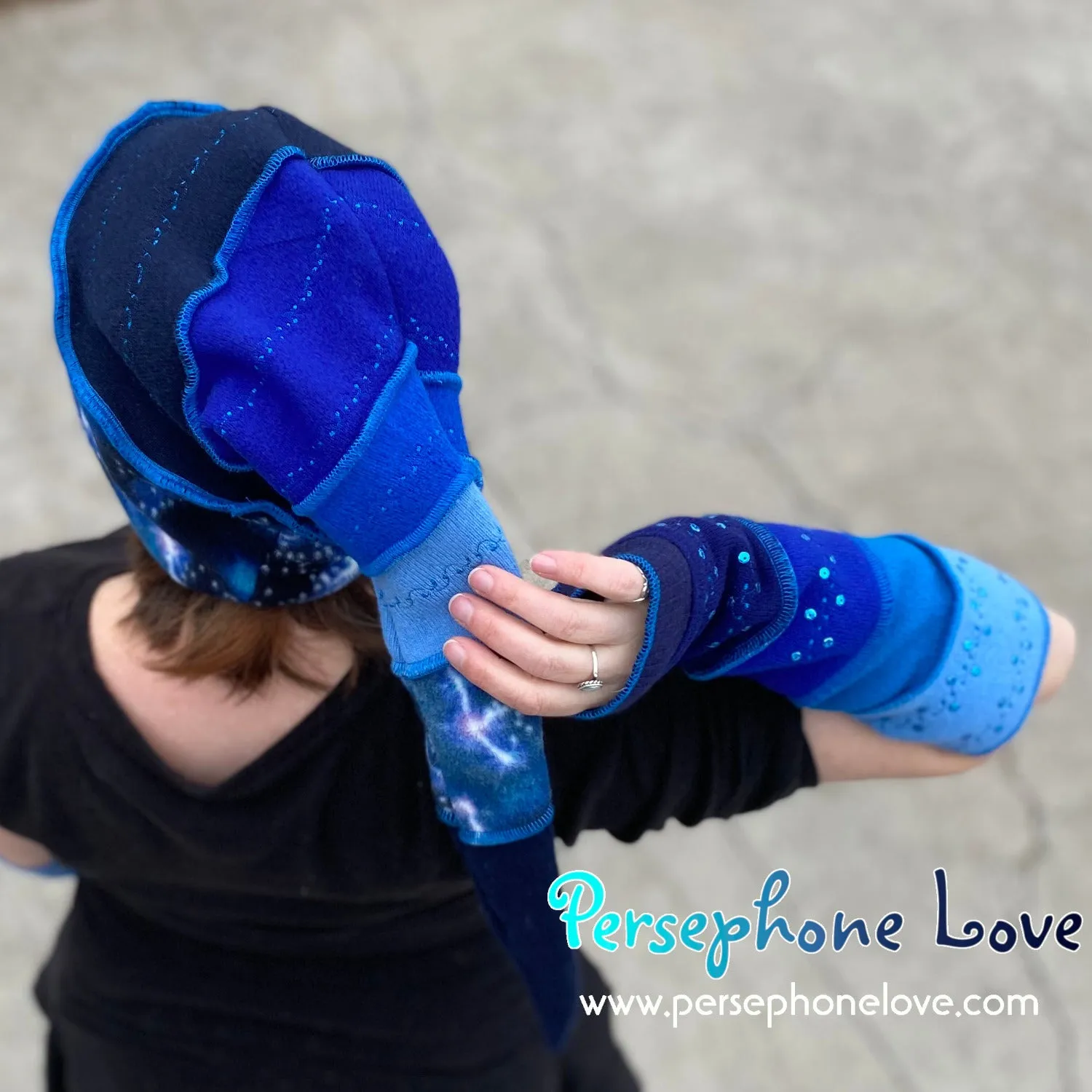 Katwise inspired blue gradient felted embroidered galaxy recycled sweater elf hat - larger size -1388