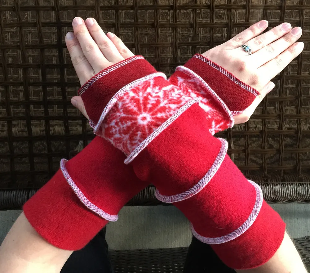 Katwise inspired needle-felted red snowflake Christmas theme wool upcycled sweater arm warmers-1314