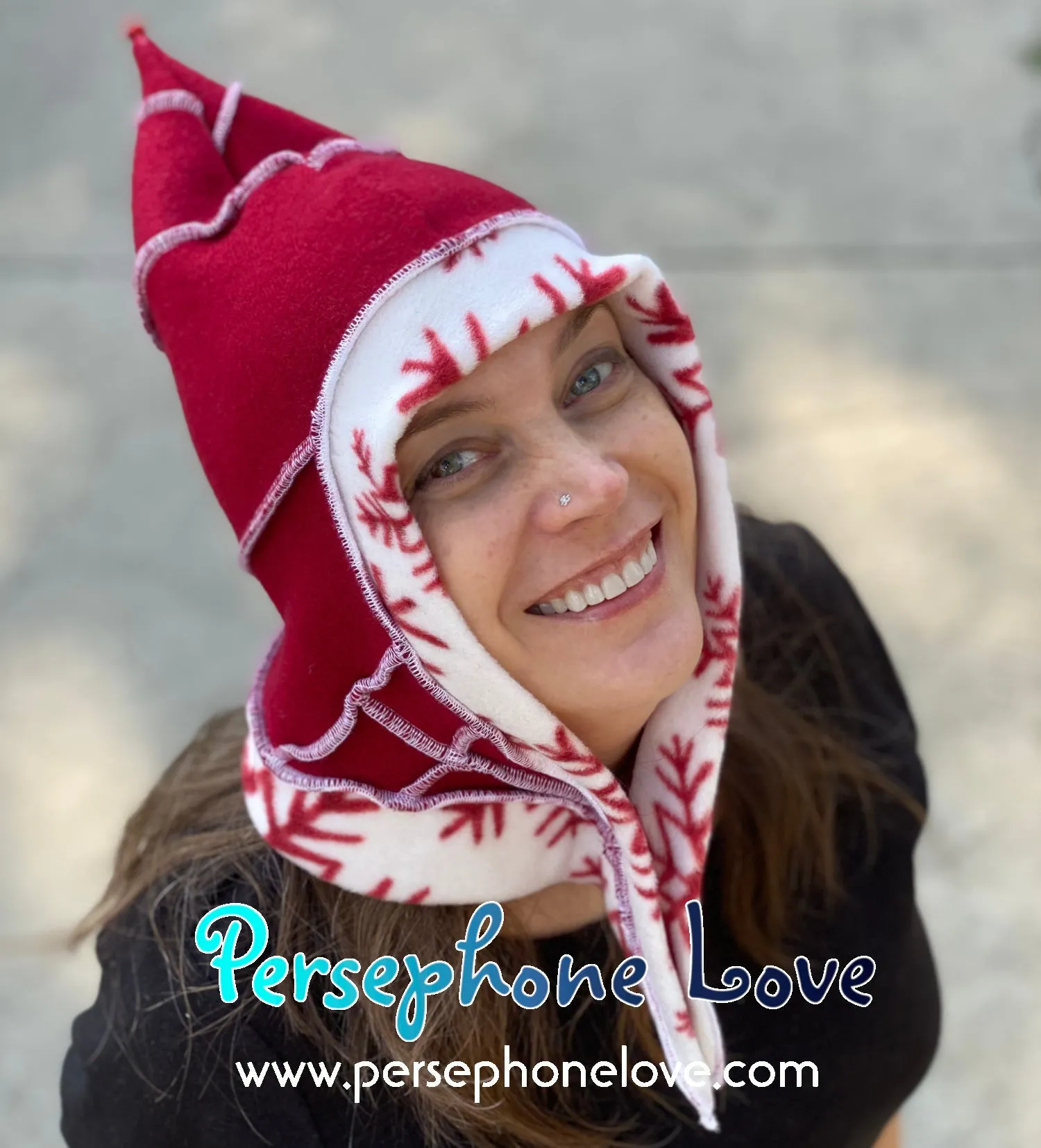 Katwise inspired red white snowflake felted 100% cashmere/fleece recycled sweater elf hat-1442