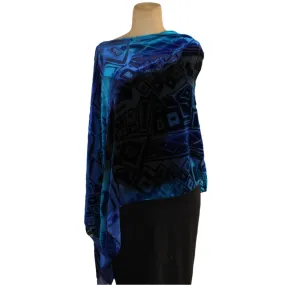 Kay Chapman Poncho, Cut Velvet, Blocks, Royal/Turquoise/Black, OS