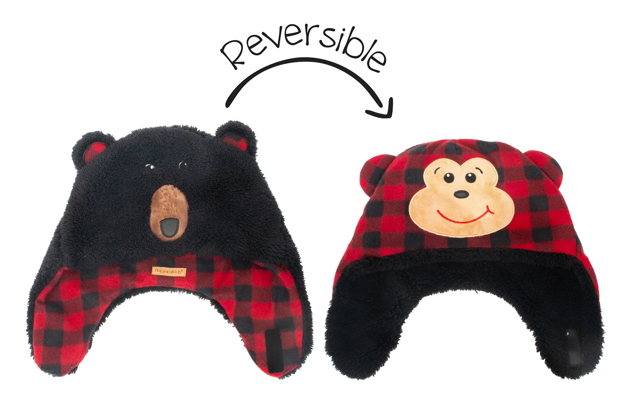 Kids & Baby Reversible Sherpa Hat - Black Bear & Monkey