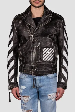 Leather Moto Jacket Black White