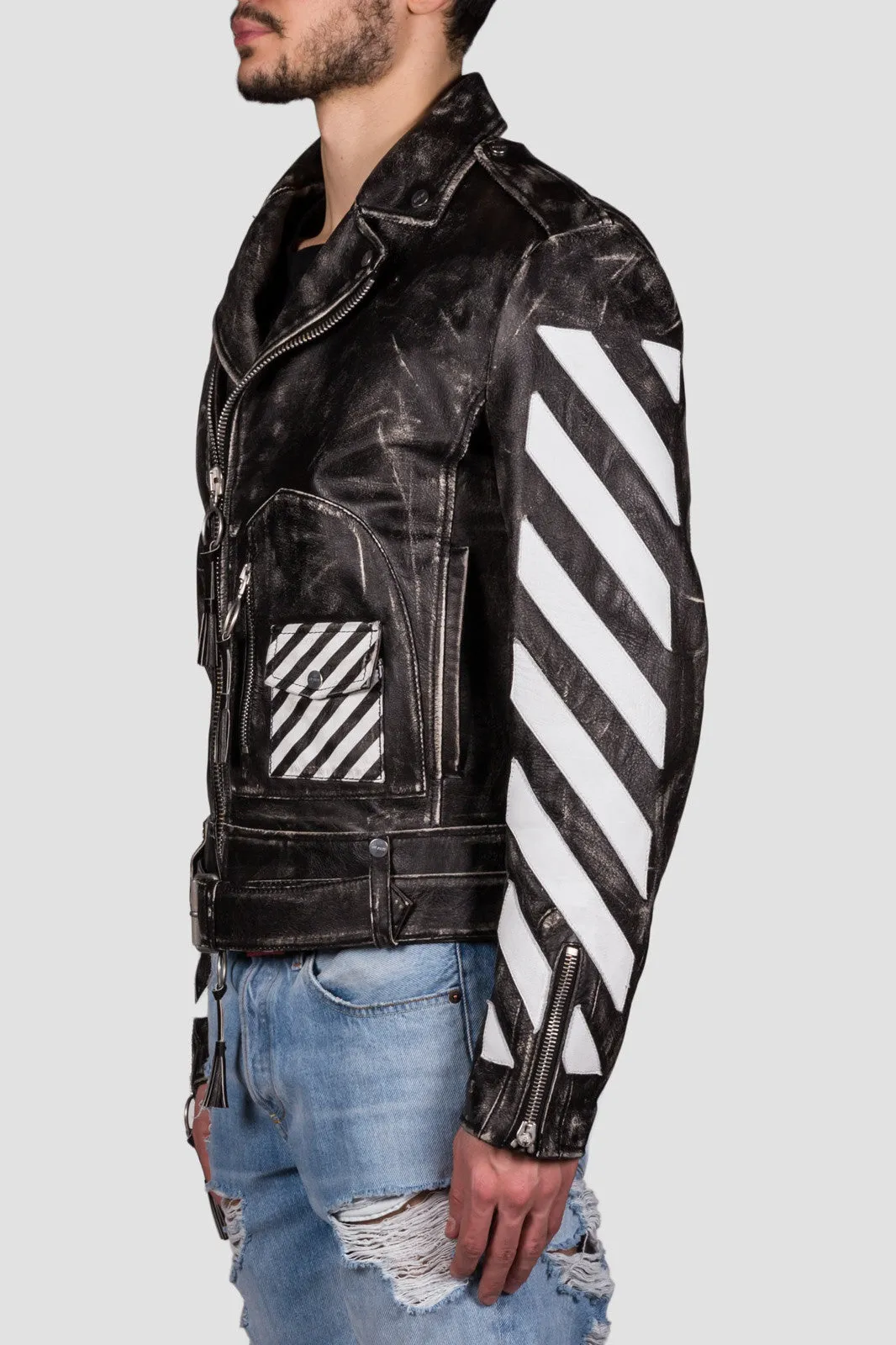 Leather Moto Jacket Black White