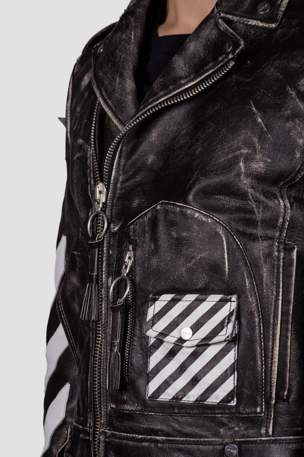 Leather Moto Jacket Black White