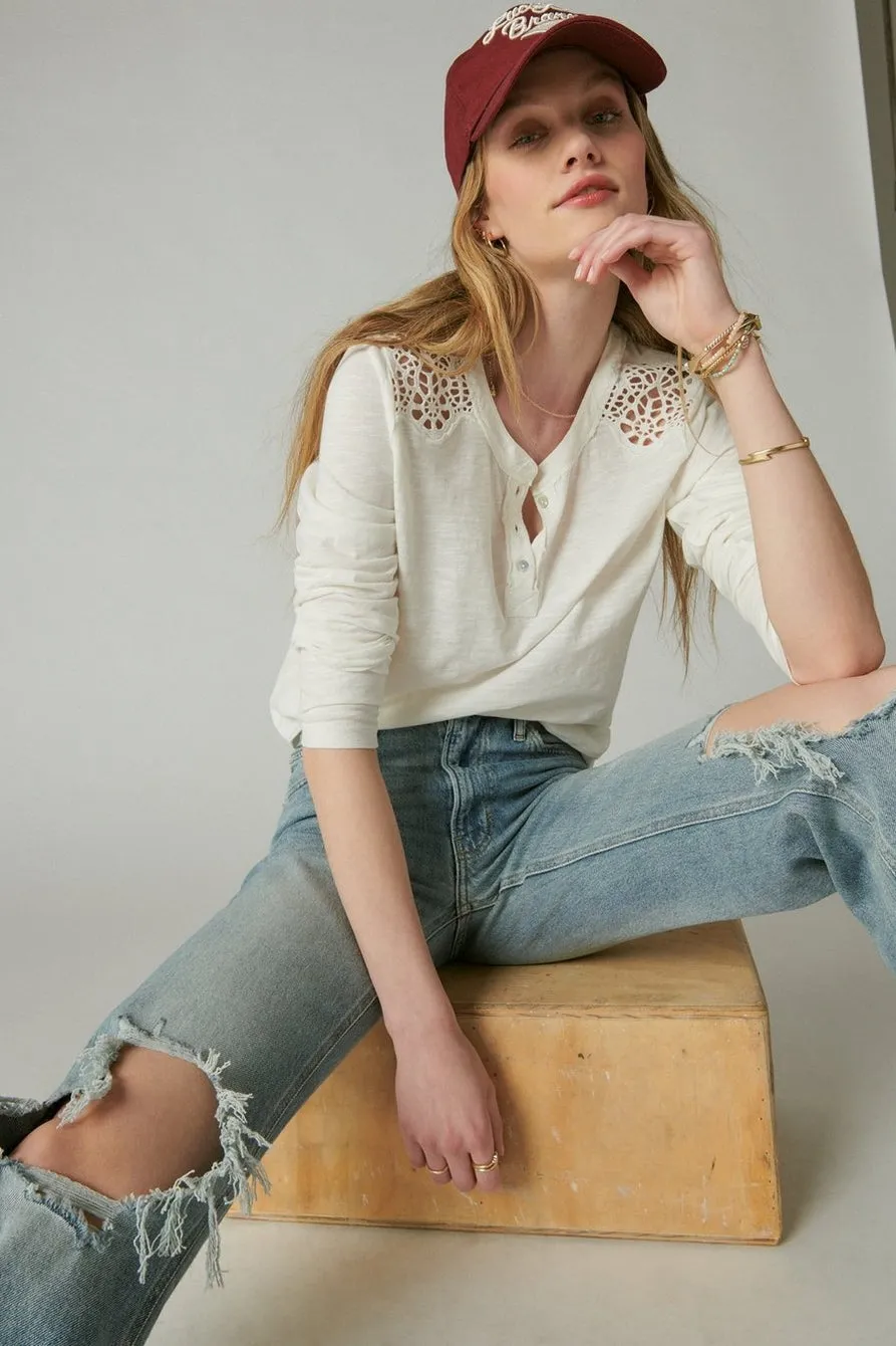 Long Sleeve Cutwork Henley - White