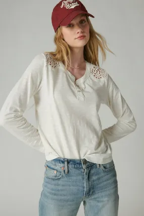 Long Sleeve Cutwork Henley - White