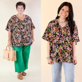 Majestic Moment V Neck Floral Print Poncho Top in Black