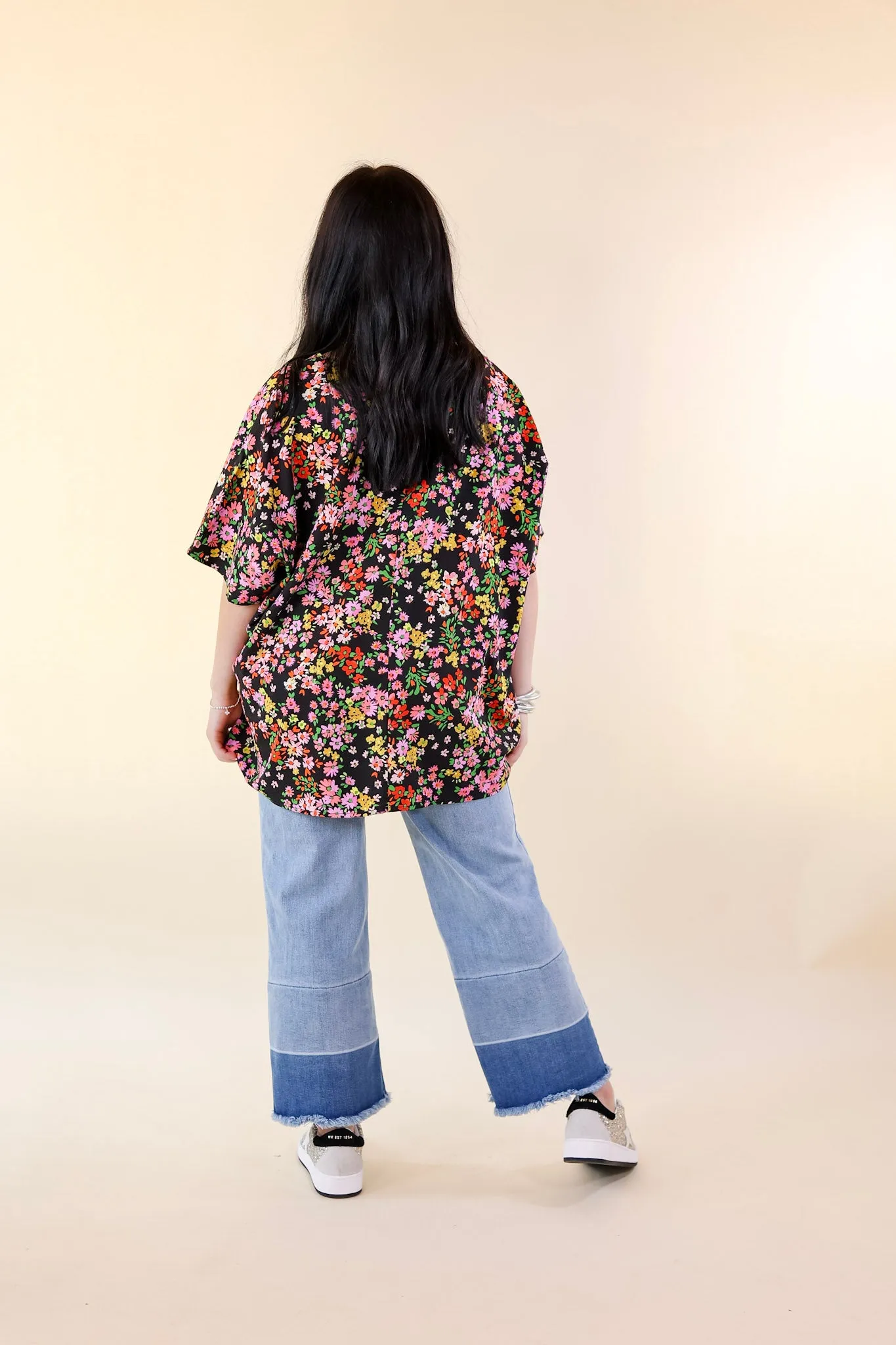 Majestic Moment V Neck Floral Print Poncho Top in Black