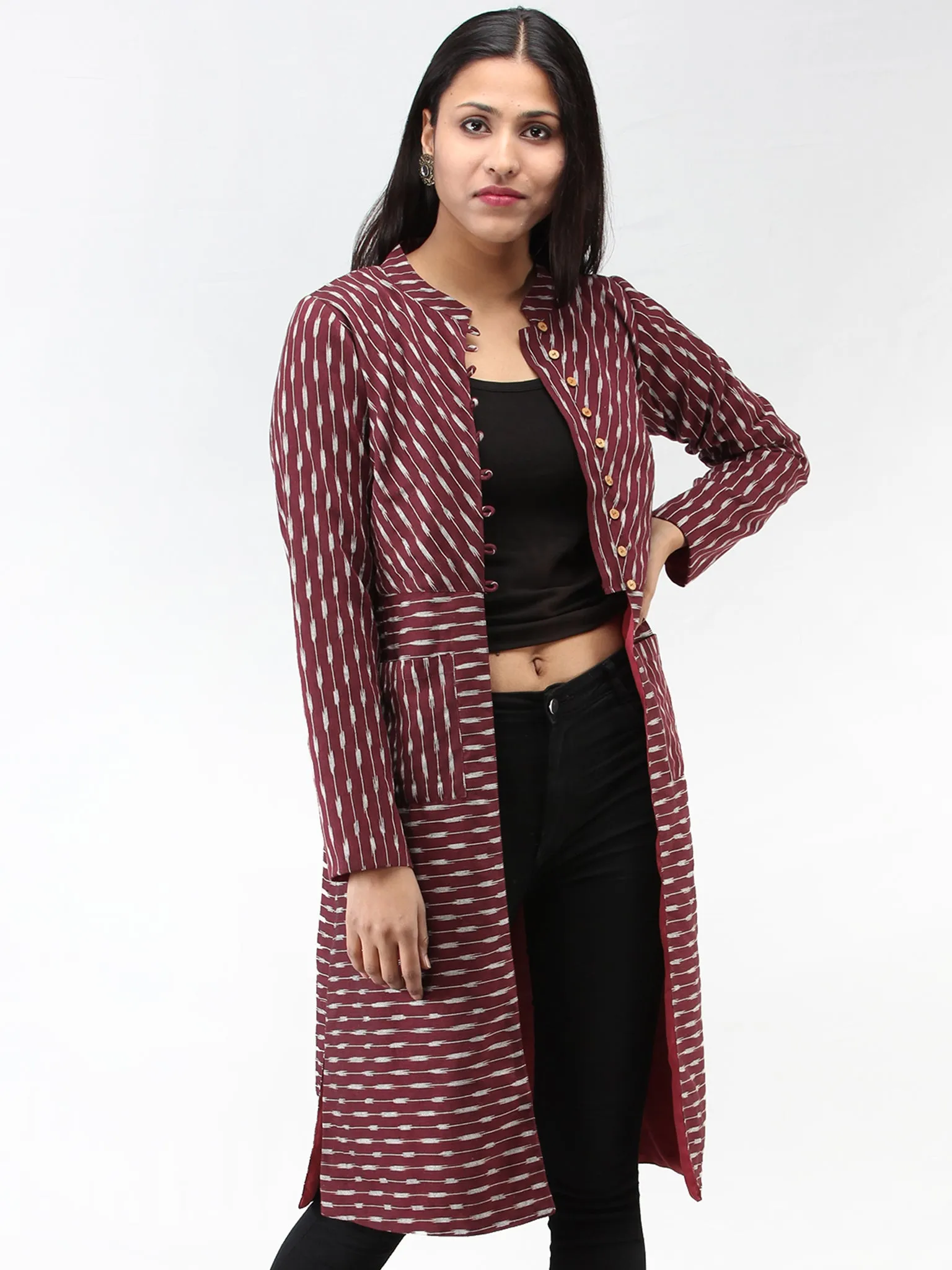 Maroon Grey Hand Woven Ikat Long Jacket With Stand Collar - J06FXXX