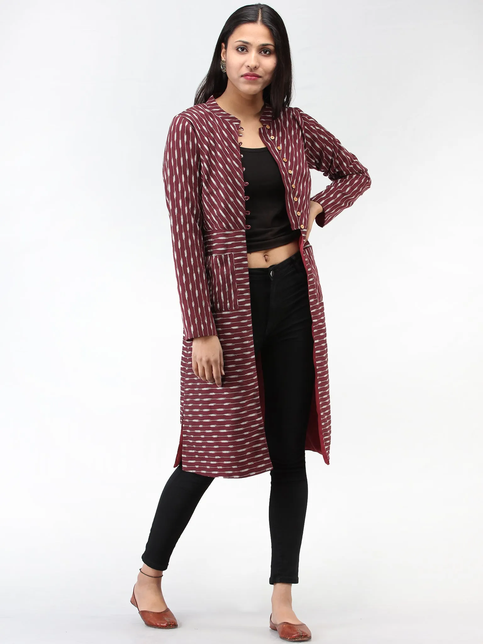 Maroon Grey Hand Woven Ikat Long Jacket With Stand Collar - J06FXXX