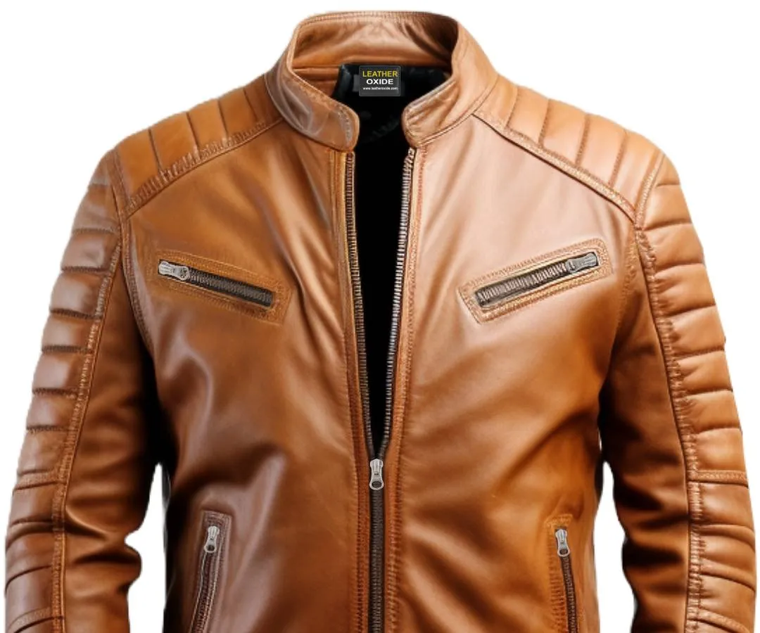 Men Tan Leather Biker Jacket - Leather Jacket for Men