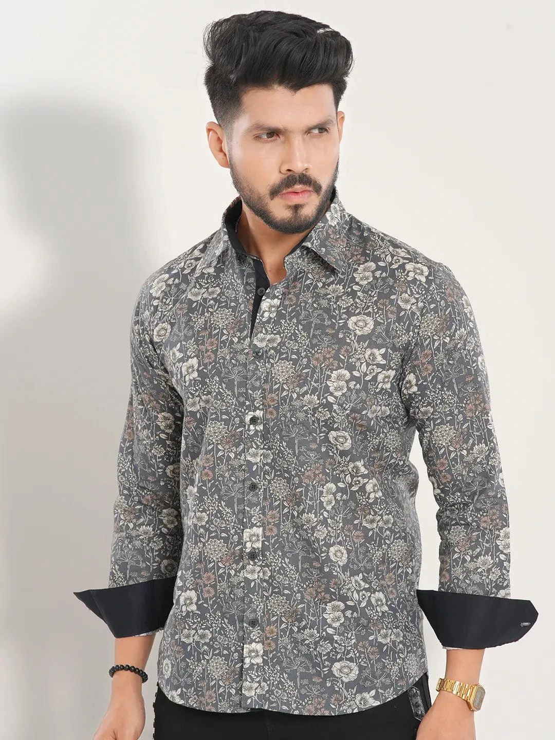 Men's Allover Gray Floral Full Sleeve Shirt