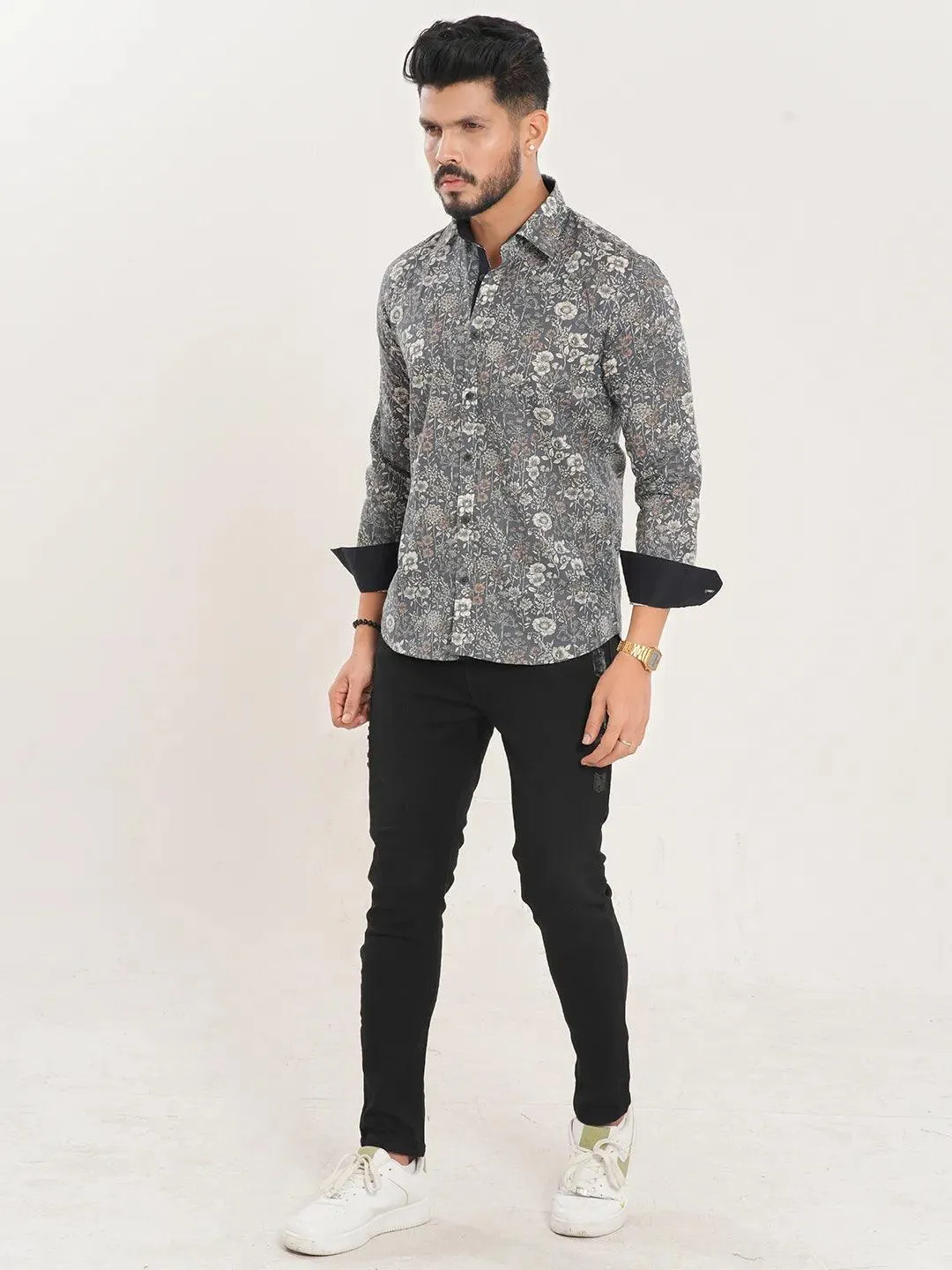 Men's Allover Gray Floral Full Sleeve Shirt