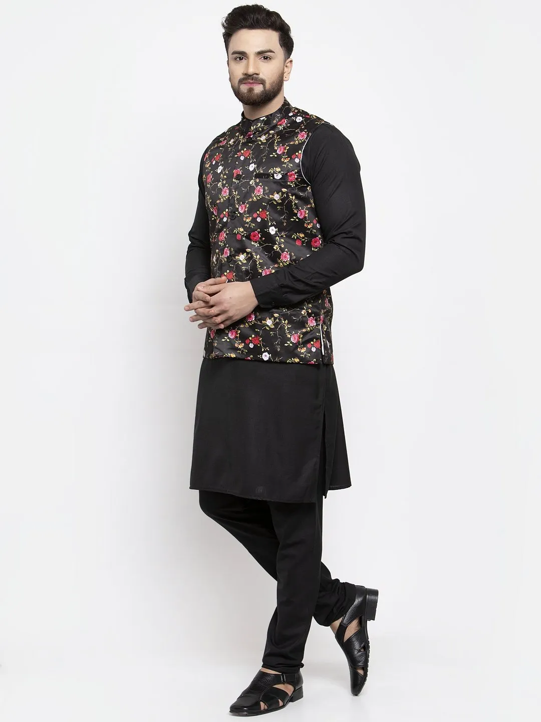 Men's Black Solid Kurta with Churidar & Black Printed Nehru Jacket - Virat Fashions