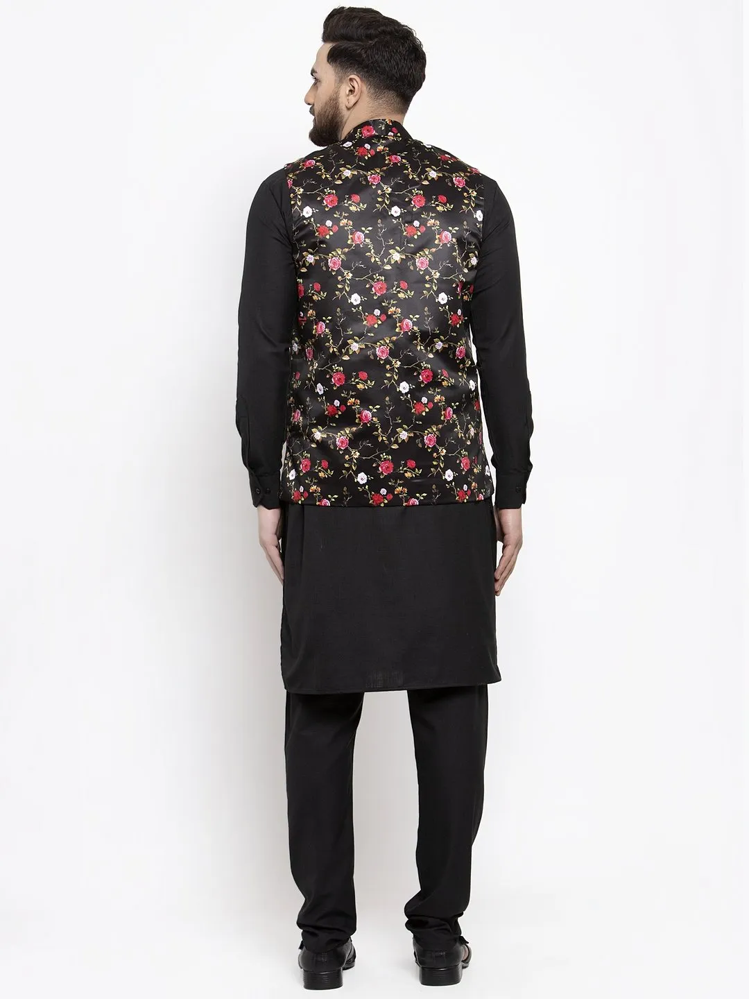 Men's Black Solid Kurta with Churidar & Black Printed Nehru Jacket - Virat Fashions