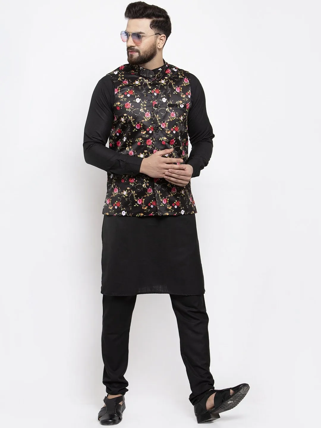 Men's Black Solid Kurta with Churidar & Black Printed Nehru Jacket - Virat Fashions