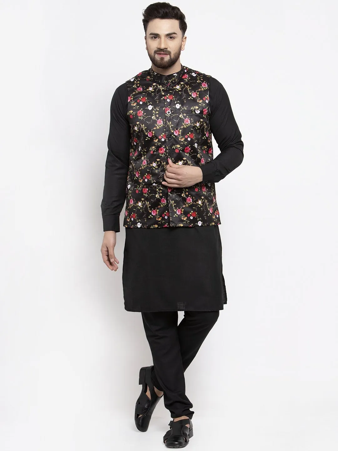 Men's Black Solid Kurta with Churidar & Black Printed Nehru Jacket - Virat Fashions