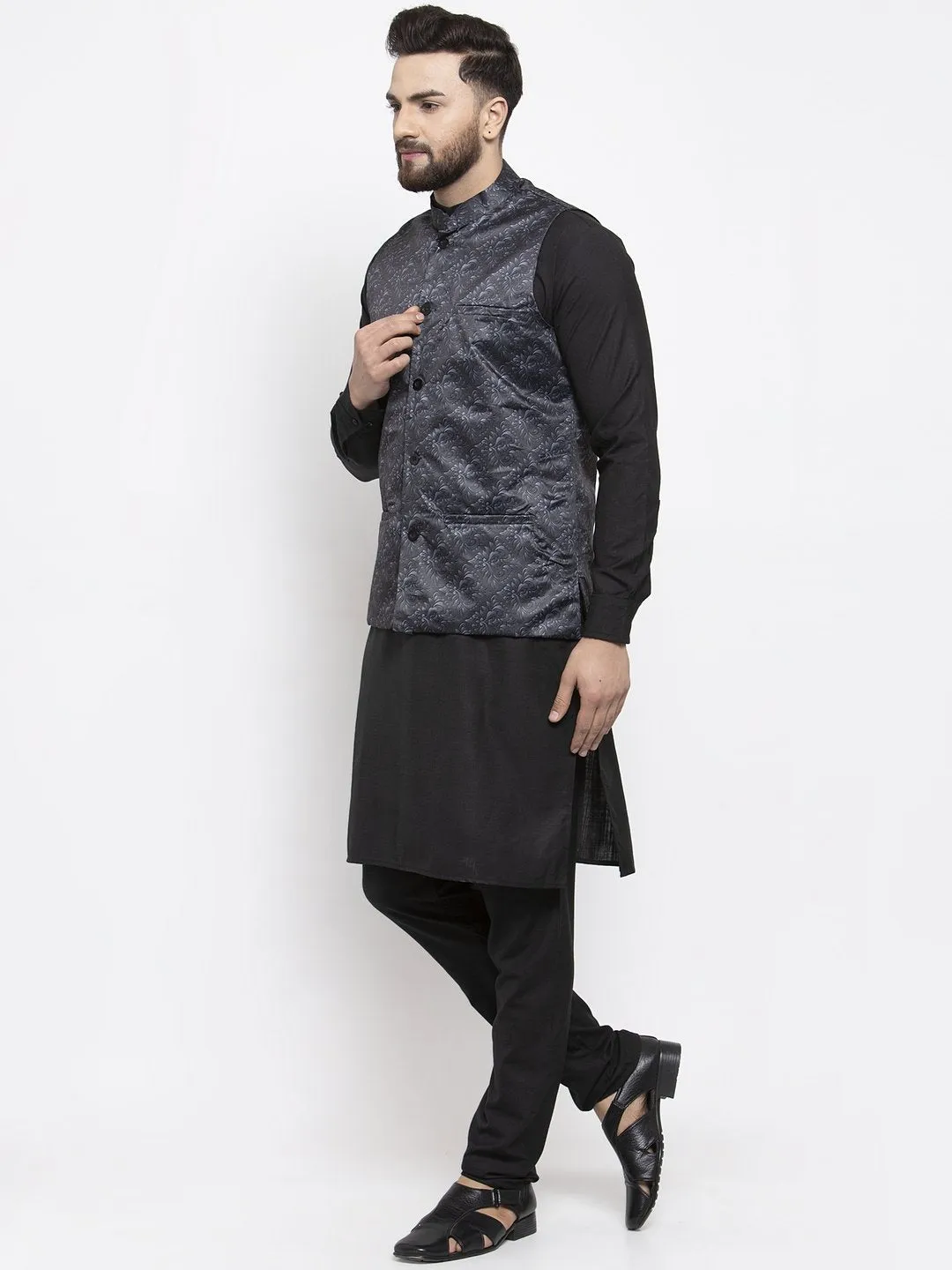 Men's Black Solid Kurta with Churidar & Charcoal Grey Printed Nehru Jacket - Virat Fashions