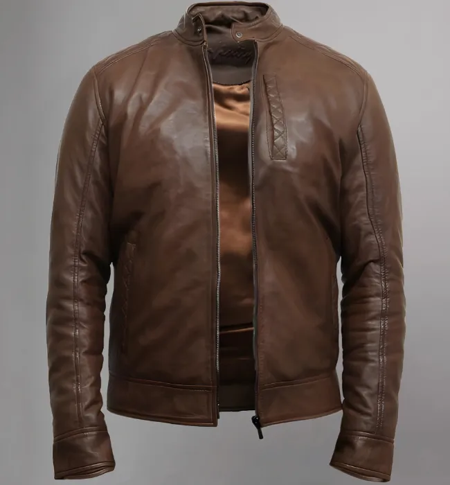 Men’s Brown Slim Fit Racer Style Leather Jacket