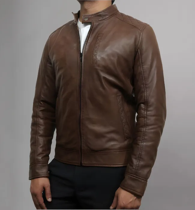 Men’s Brown Slim Fit Racer Style Leather Jacket