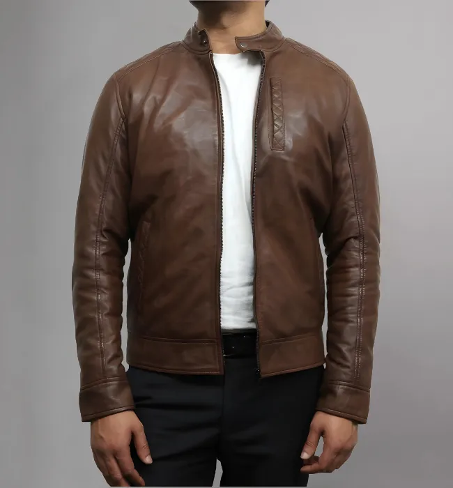 Men’s Brown Slim Fit Racer Style Leather Jacket