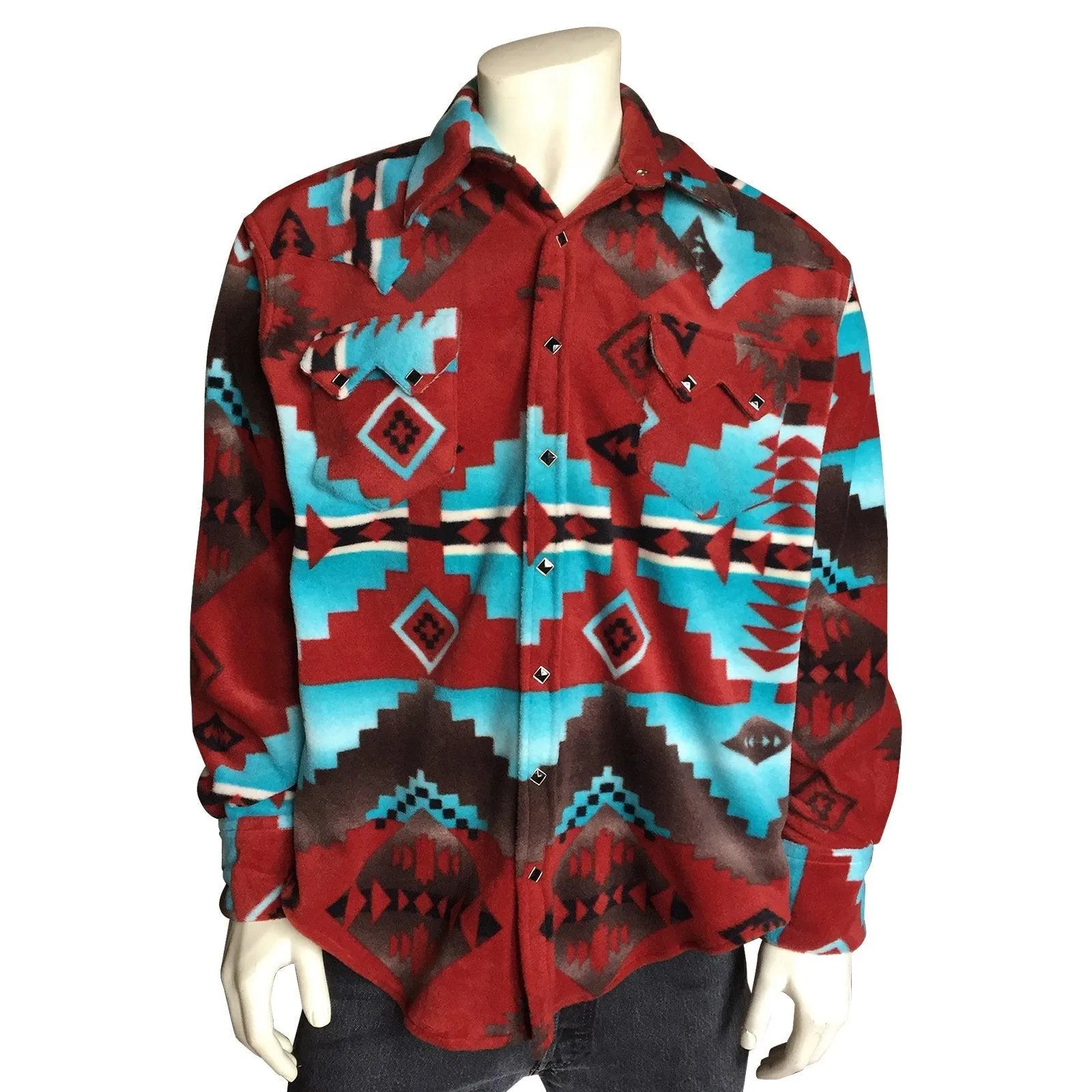 Men's Native Pattern Fleece Western Shirt in Rust & Turquoise