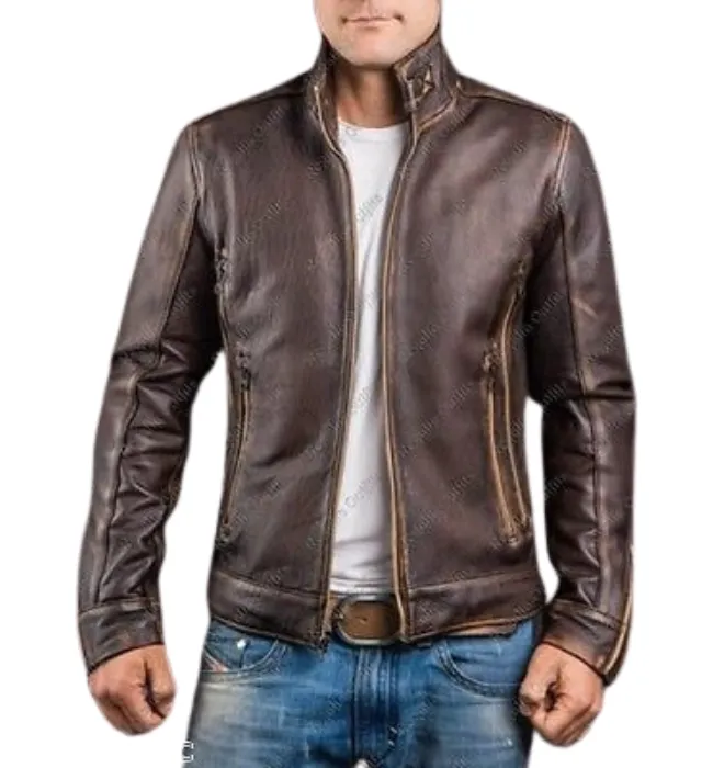 Men's Vintage Retro Biker Brown Waxed Leather Jacket