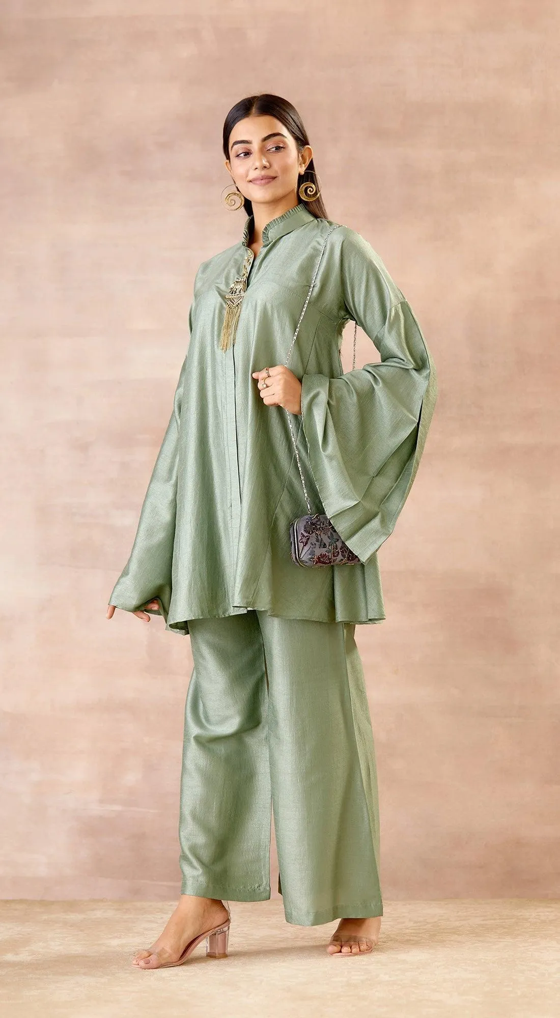 Metallic Green Cord Set with Flared Sleeves and Pants