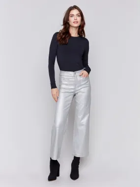 Metallic Wax Flared Pants - Silver