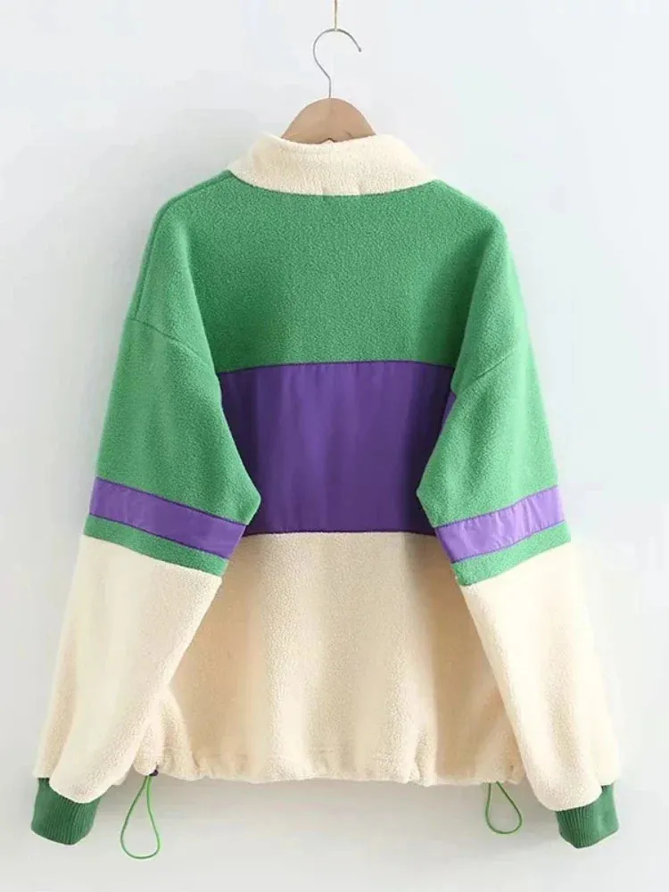 Metaversmall Women's Fleece Green Hoodies Sweatshirts Stand Collar Hit Color Patchwork Pullovers Sweet Style Tracksuit