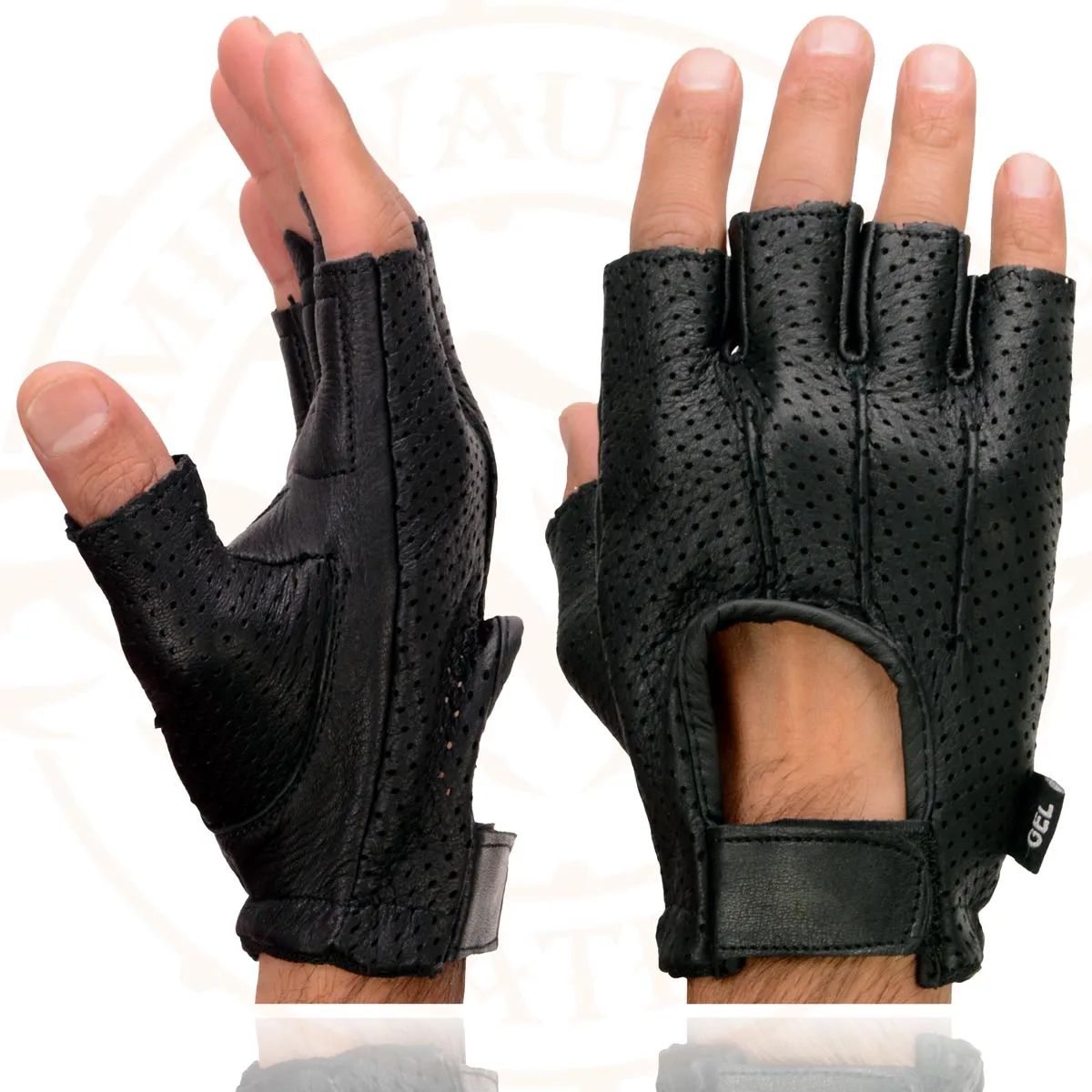 Milwaukee Leather SH877 Men's Black Welted USA Deerskin Leather Gel Padded Palm Fingerless Motorcycle Hand Gloves