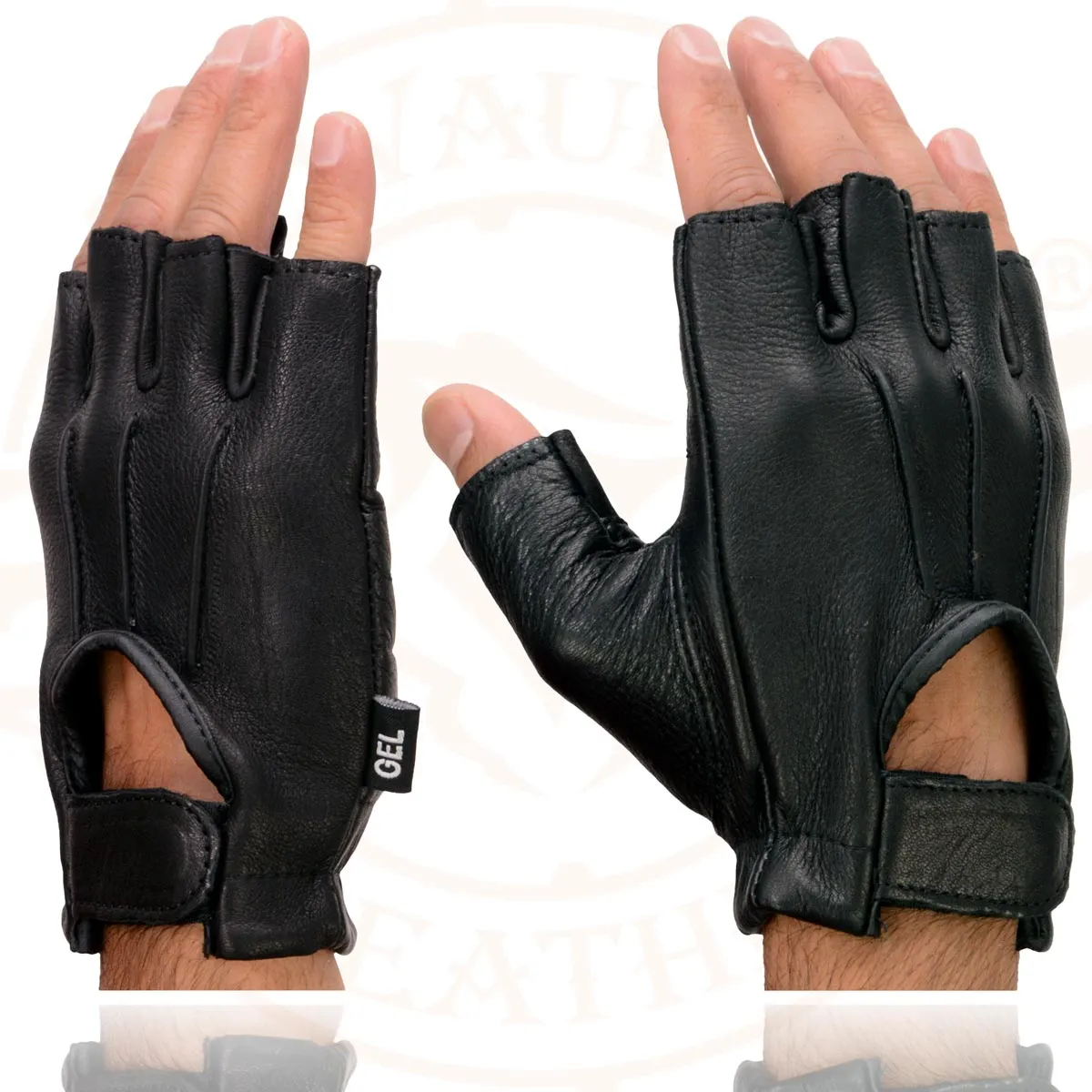 Milwaukee Leather SH878 Men's Black Leather Gel Padded Palm Fingerless Motorcycle Hand Gloves ‘Welted Genuine USA Deerskin’