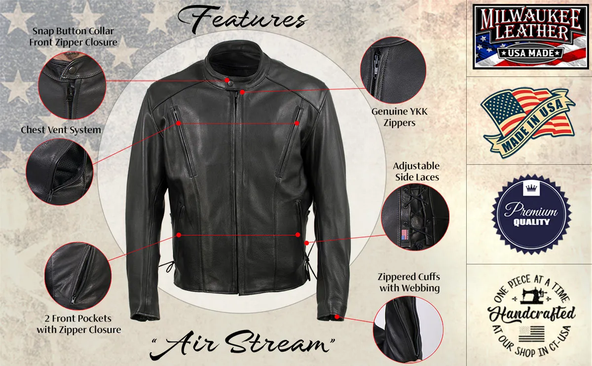 Milwaukee Leather USA MADE MLJKM5002 Men's Black 'Air Stream' Vented Premium Leather Motorcycle Jacket with Side Laces