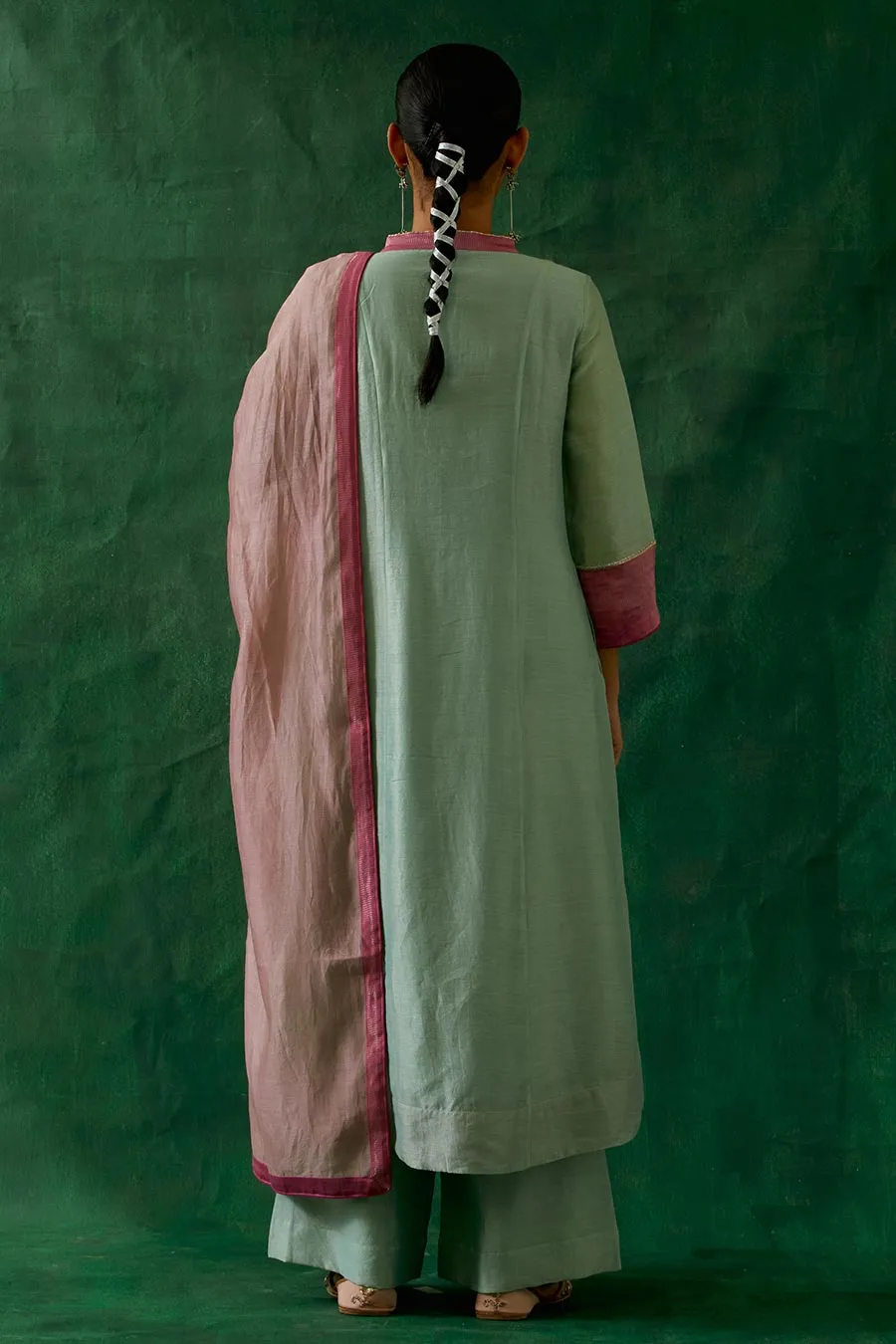 Mint & Pink Chanderi Handloom High-Low Kurta Set (Set Of 3)