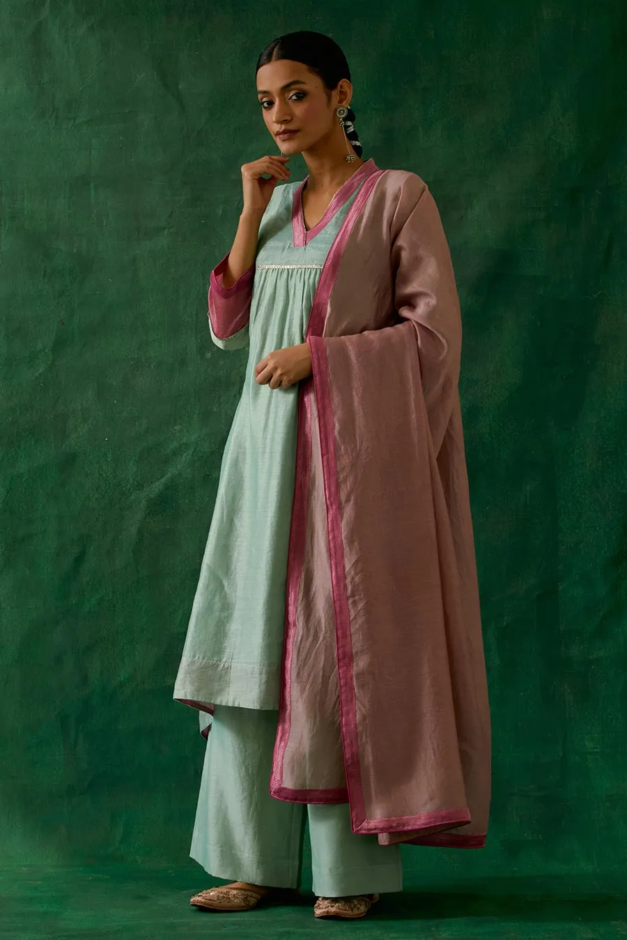 Mint & Pink Chanderi Handloom High-Low Kurta Set (Set Of 3)