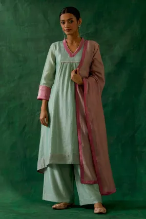 Mint & Pink Chanderi Handloom High-Low Kurta Set (Set Of 3)