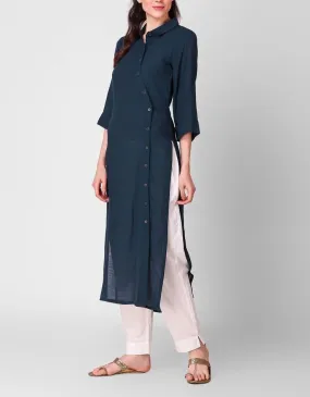 Navy Blue Cotton Kurta With Pants