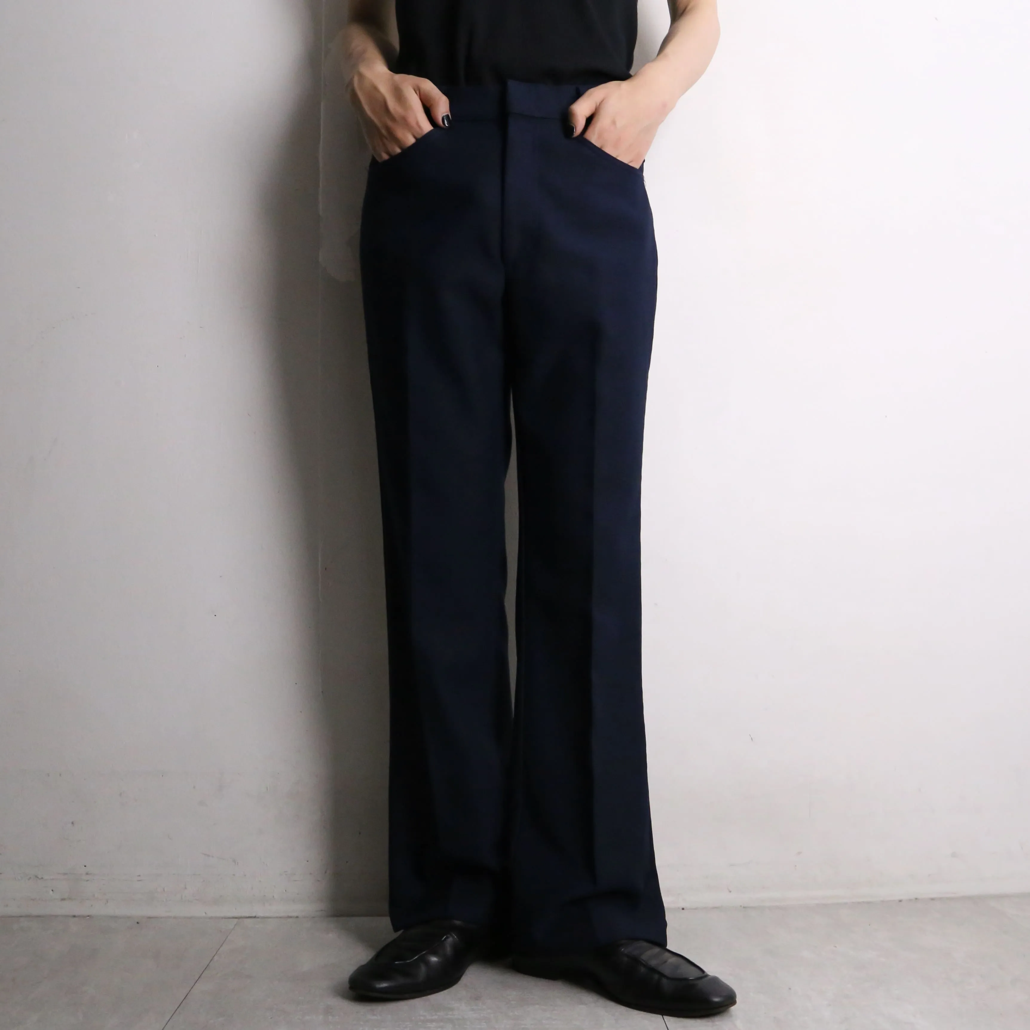 navy flare poly slacks