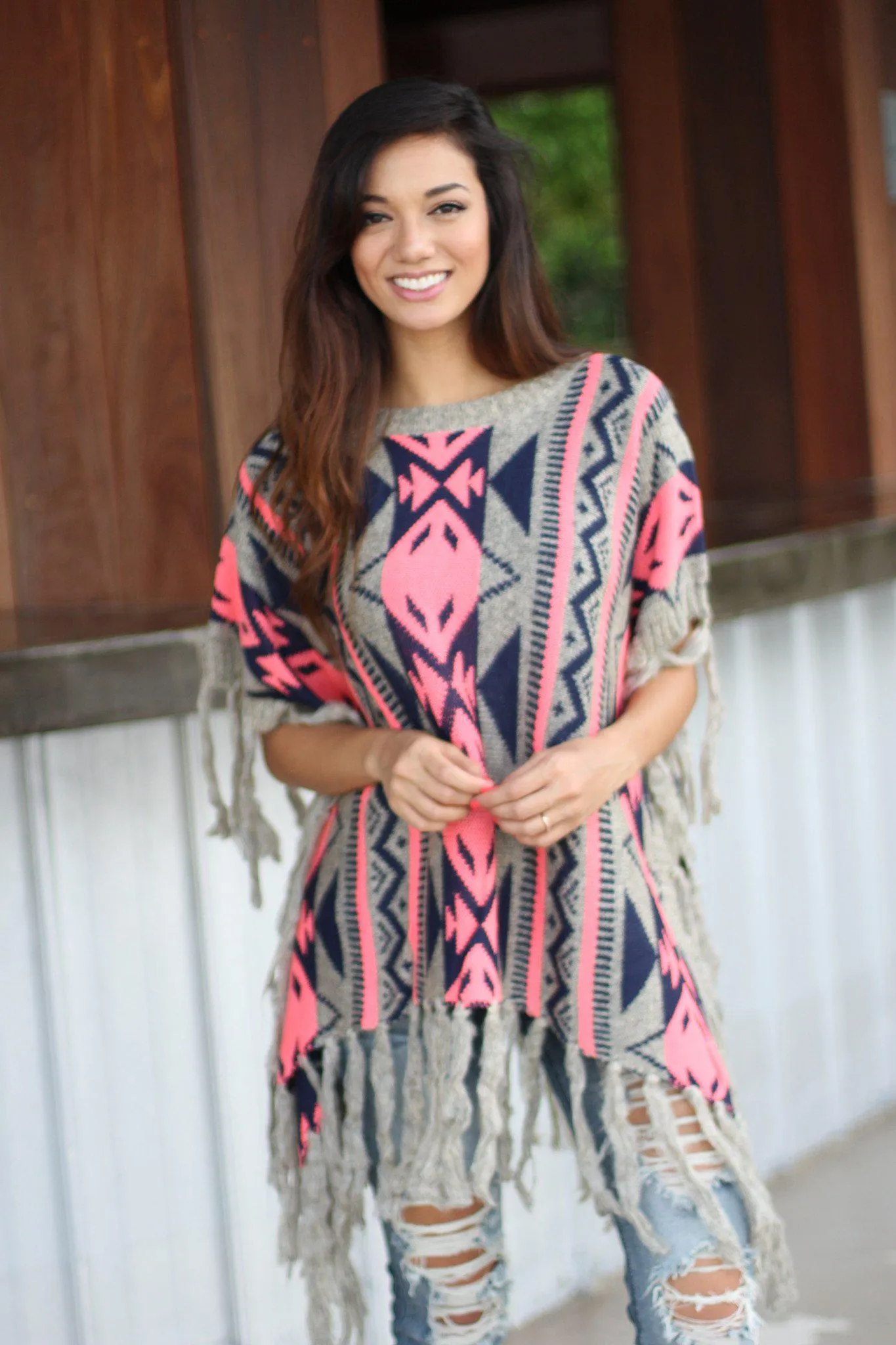 Neon Pink and Gray Poncho Sweater