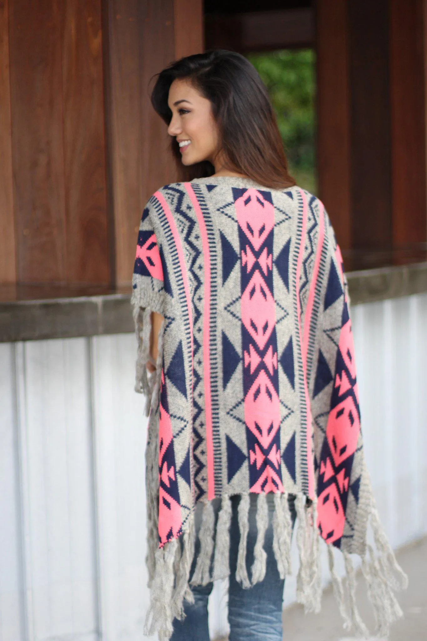 Neon Pink and Gray Poncho Sweater