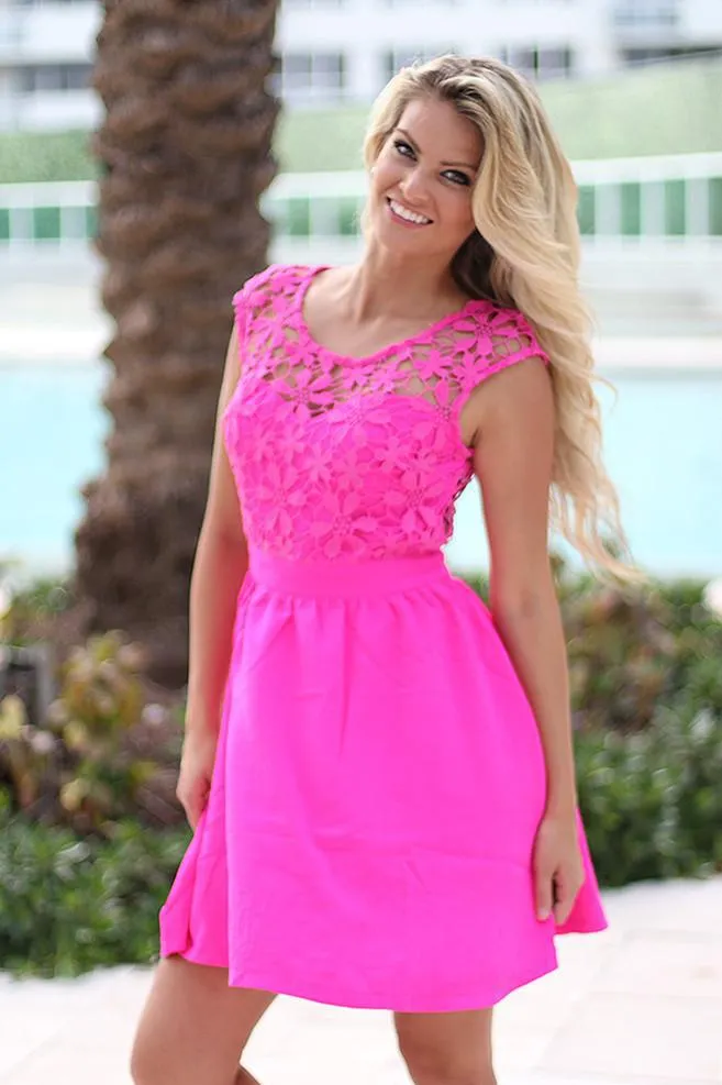 Neon Pink Short Dress With Crochet Back