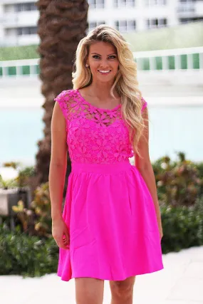 Neon Pink Short Dress With Crochet Back