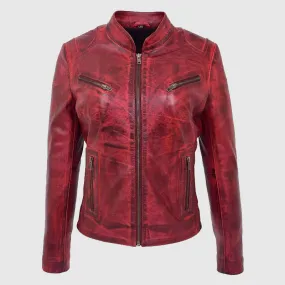 New High Quality Womens Leather Standing Collar Jacket Becky Burnt Red