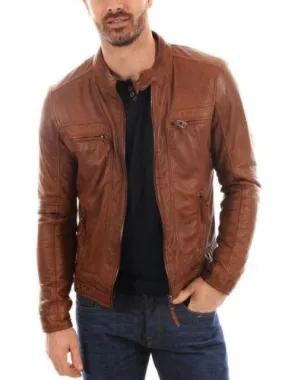 New Men's Genuine Lambskin Leather Jacket TAN Slim Fit Biker Motorcycle Jacket