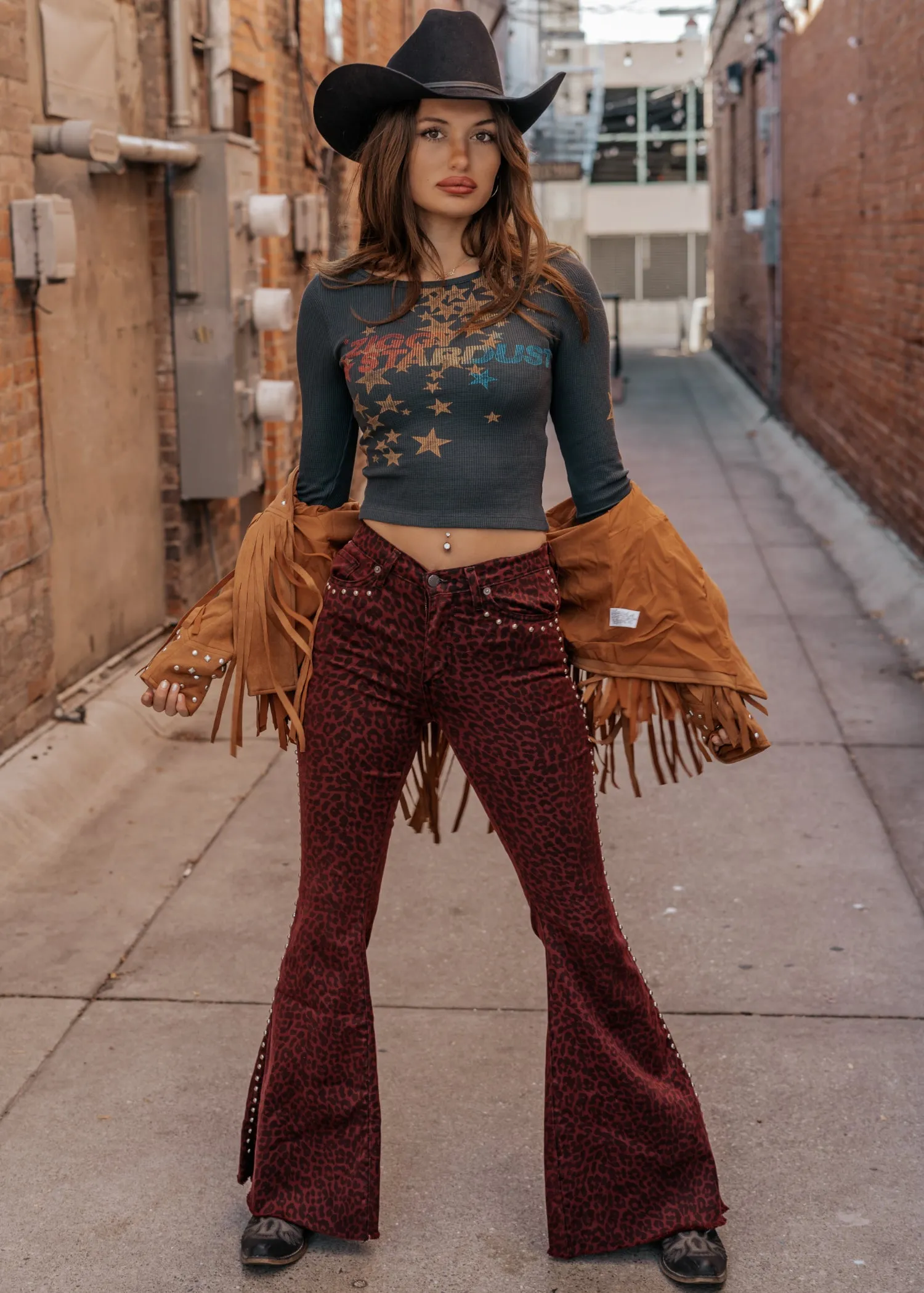 Night Tales Red Leopard Studded Bell Bottoms